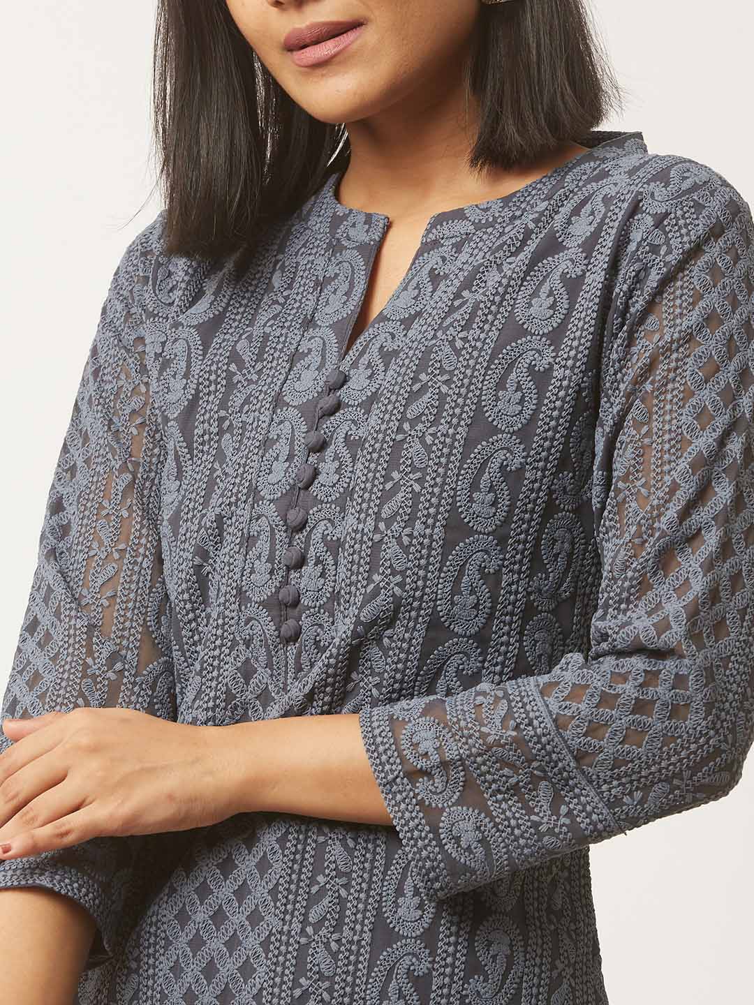 ZOLA Grey Lucknowi Chikankari Kurta For Women