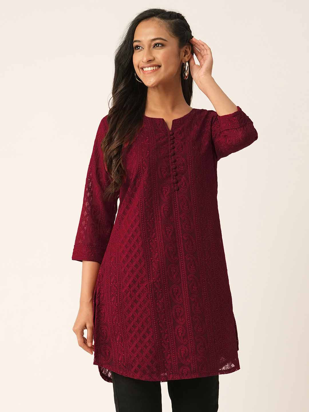 Maroon Paisley Embroidered Georgette Lucknowi Chikankari Thigh Length Tunic For Women