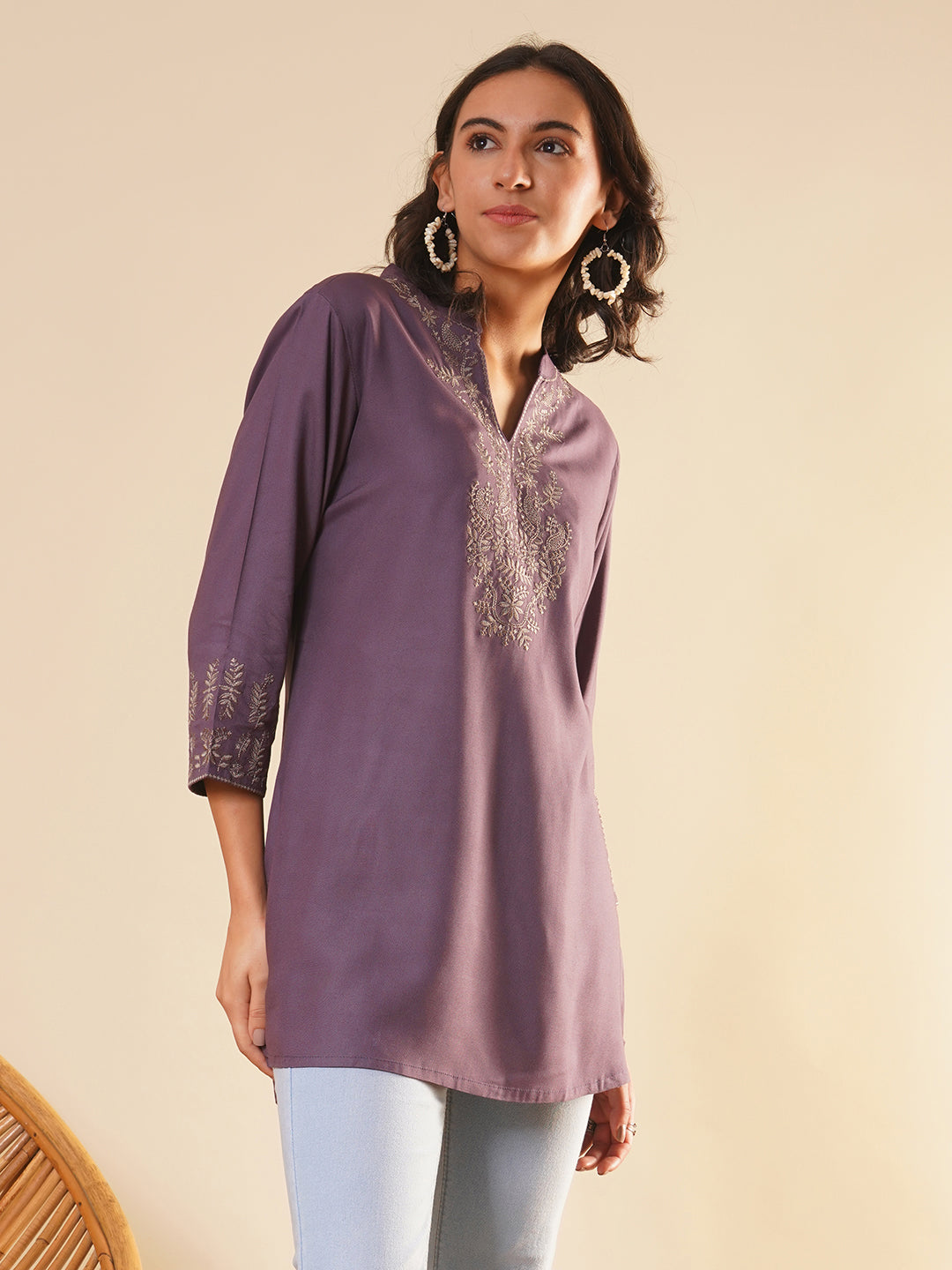 Buy Mandarin Collar Purple Comfort Fit Rayon Tunic For Women Online - Zola