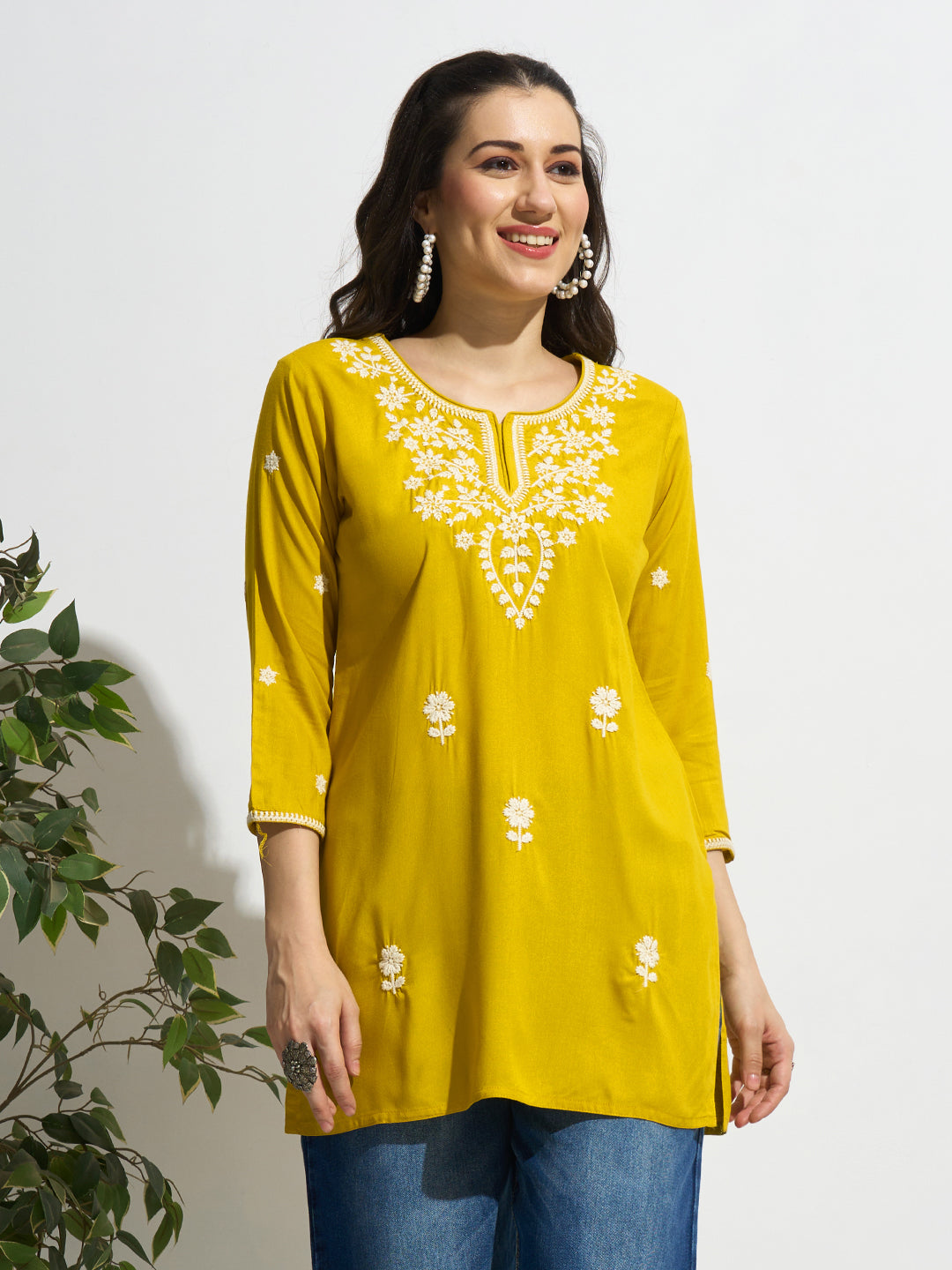 Buy Round Neckline Mustard Comfort Fit Rayon Tunic For Women Online - Zola