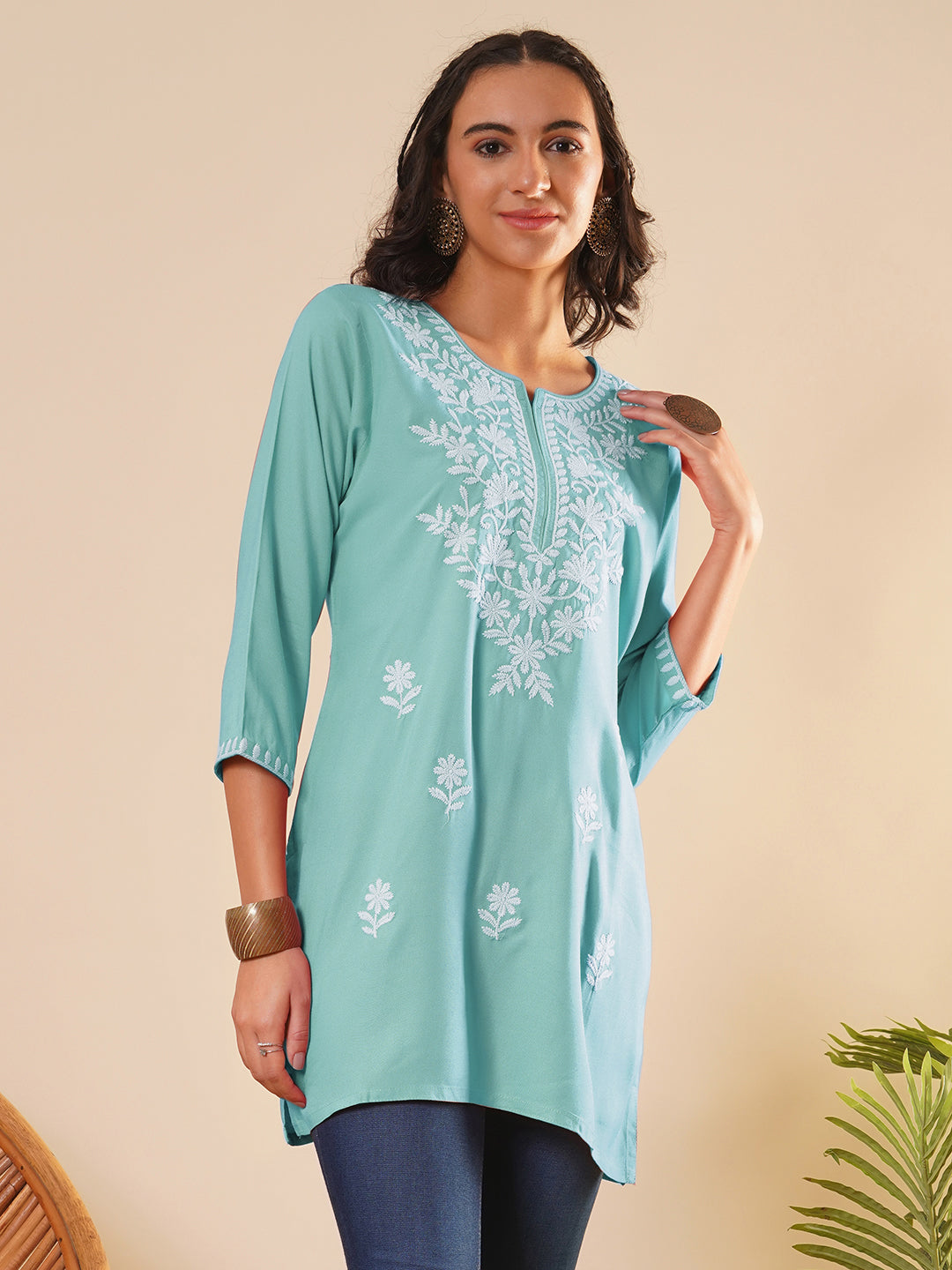 Buy Round Neckline Sea Green Comfort Fit Rayon Tunic For Women Online - Zola