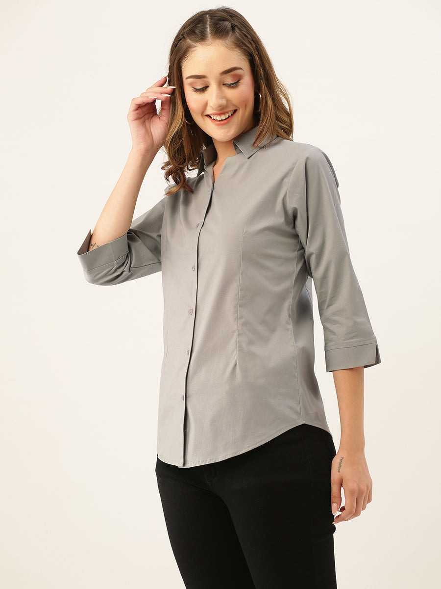 Grey Cotton Collar Shirt 3/4th Sleeves Formal Wear For Women Zola