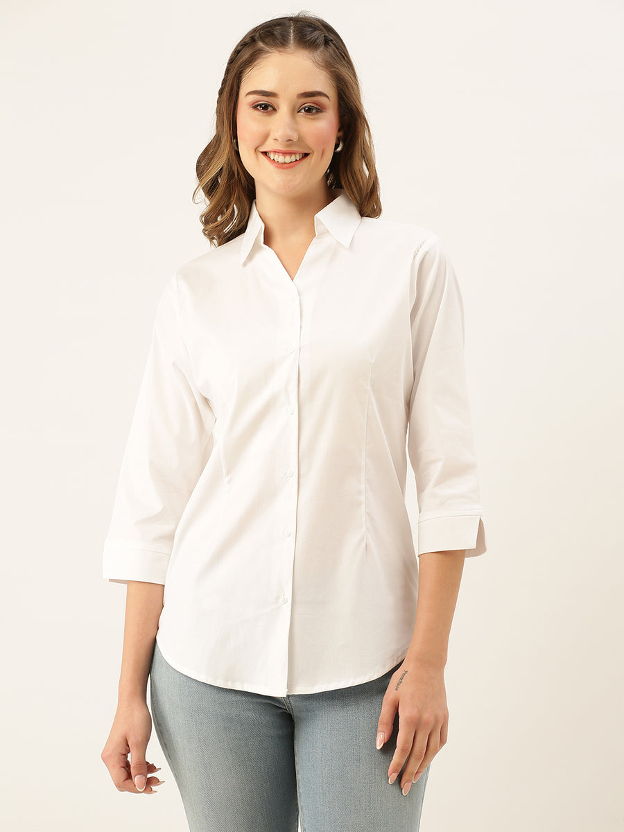 Zola White Cotton Shirt Collar 3/4th Sleeves Formal Wear Shirt For Women