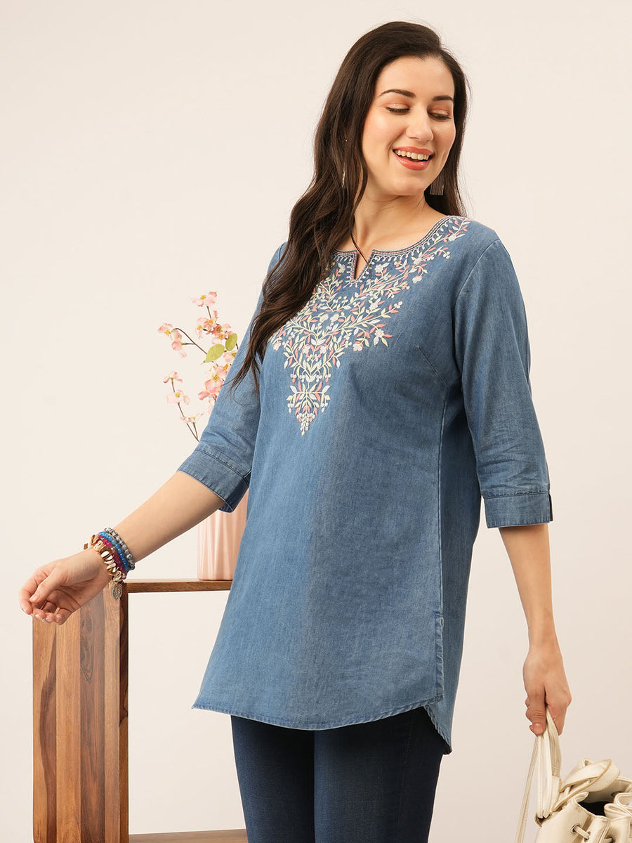 dosa tunisian top hand stitching denim