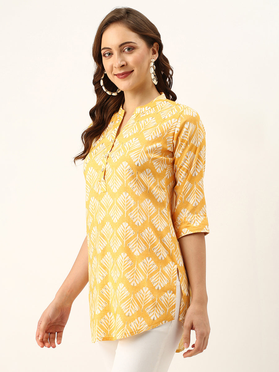 Mandarin Collar Rayon Block Print Yellow Straight Tunic For Women