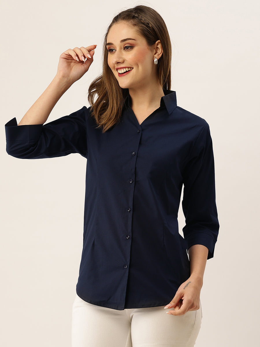 Navy Blue Cotton Shirt Collar 3/4th Sleeves Shirt for Women- Zola