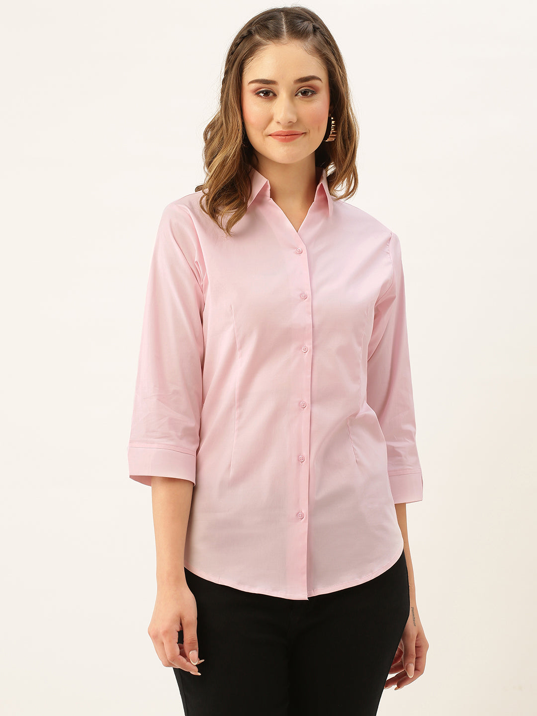 Zola Pink Cotton Shirt Collar 3/4th Sleeves Formal Wear Shirt For Women