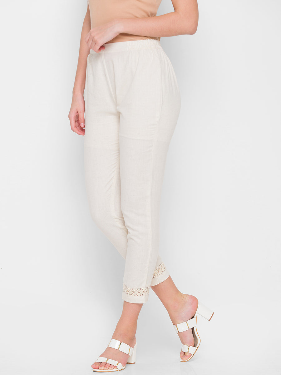 Zola Cream Solid Ankle length Pant for Women