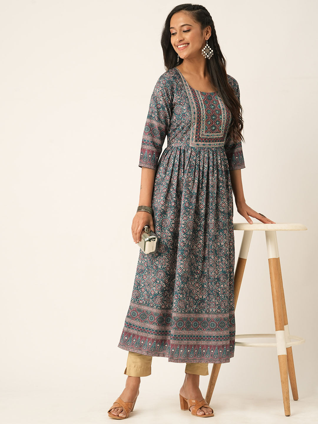 Blue Flared Ajrak Printed Kurta