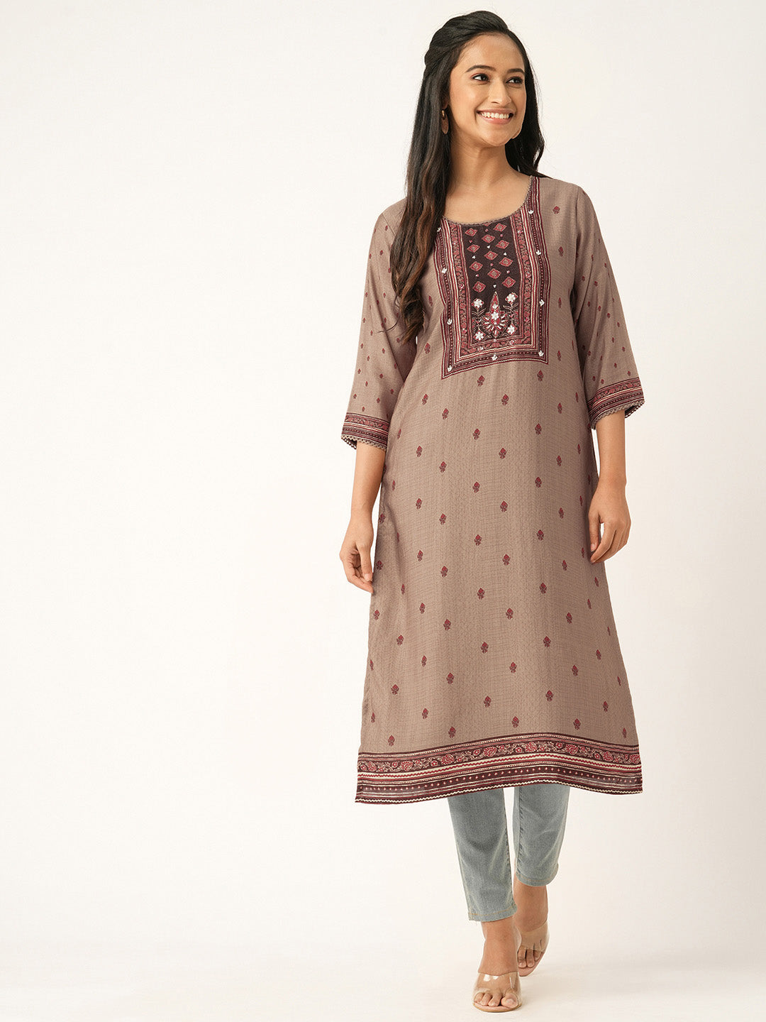 Beige Comfort Fit Muslin Kurta for Women