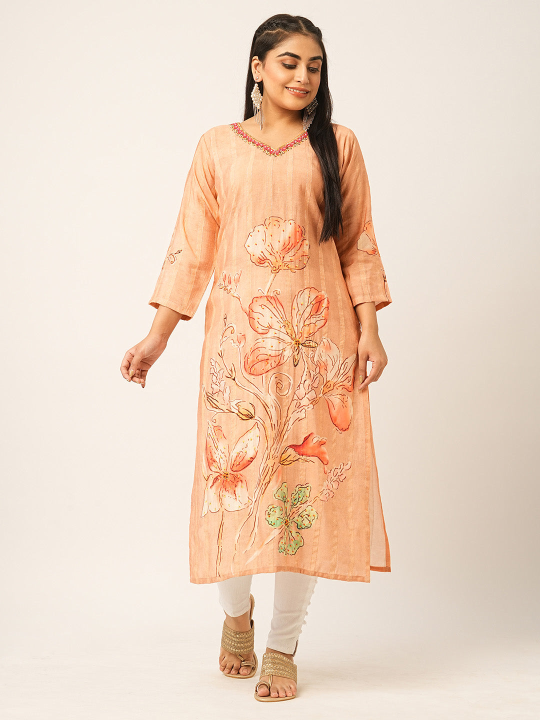 Peach Ethnic Wear Muslin Kurta for women