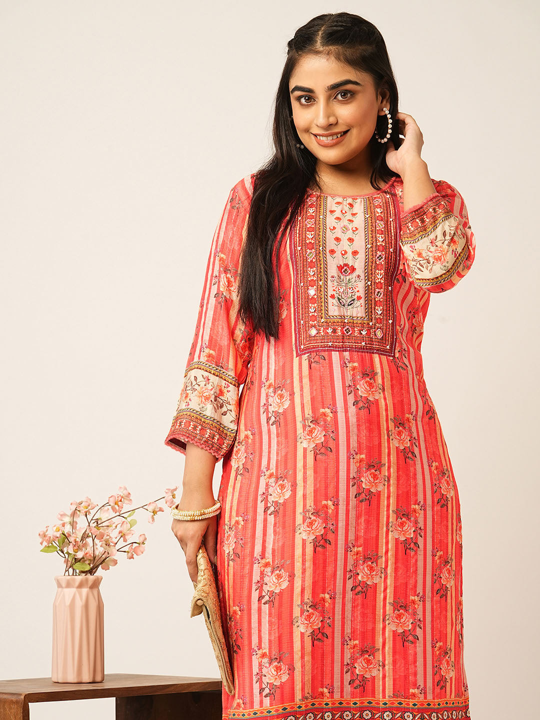 Coral Round neck Muslin straight Kurta