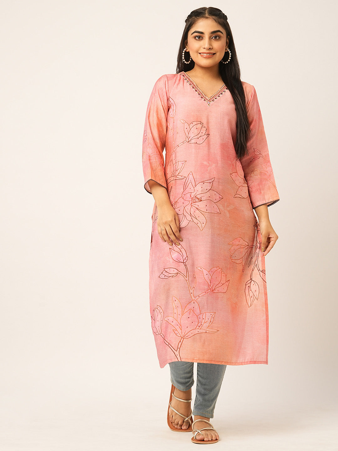 Pink Ethnic Wear Muslin Kurta for women