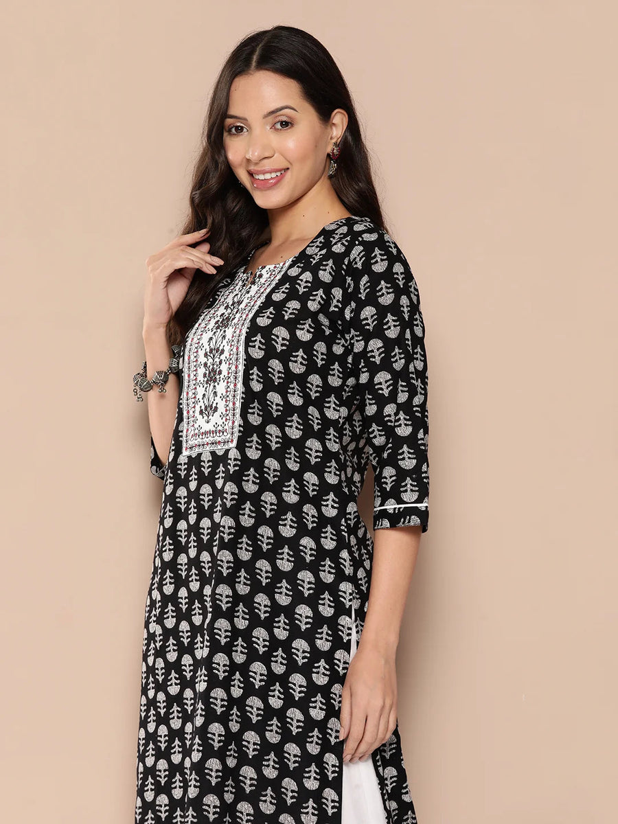 Cotton Floral Embroidery Black Straight Kurta For Women