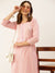 ZOLA Exclusive Round Neck Rayon All Over Stripe Print With Embroidery Pink Straight Kurta Set For Women