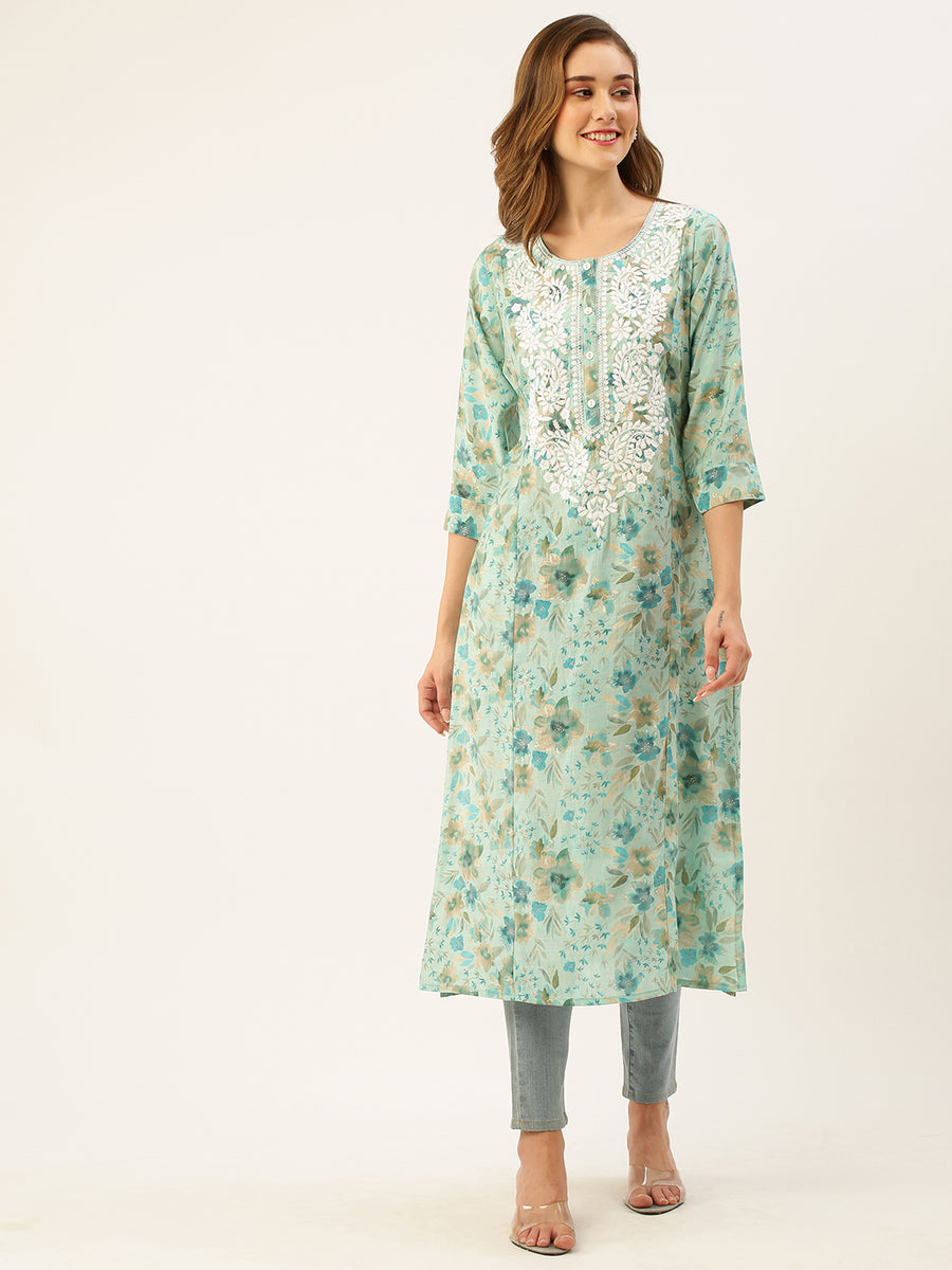 fcity.in - Zola Cotton Round Neck 34th Sleeves Light Green Printed Ethnic  Wear