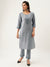 ZOLA Round Neck Rayon Solid Print Embroidery & Sequin Work Grey Straight Kurta Set For Women
