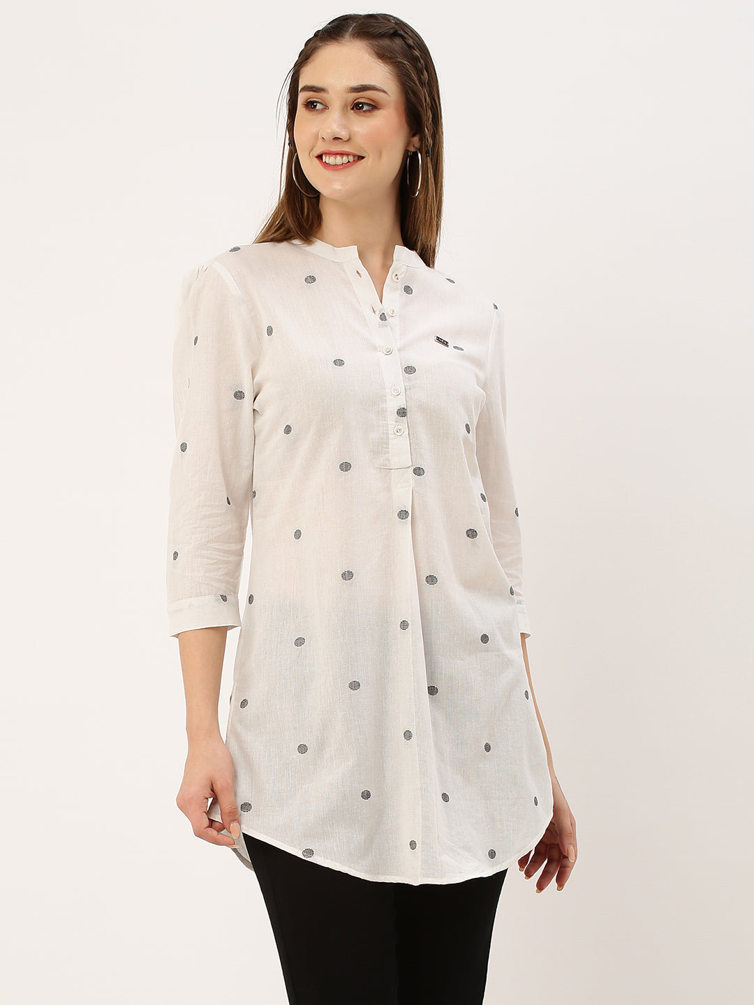 Cotton Yarn Dyed Polka Dot White Tunic For Women