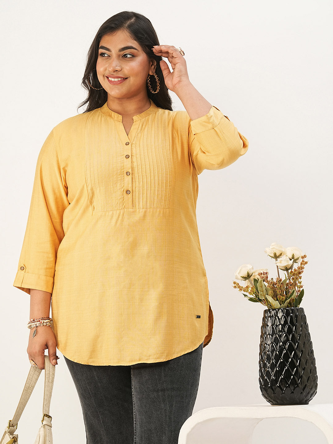 Mustard Comfort Fit Rayon Tunics for Women Online India Hip Length Straight - Zola