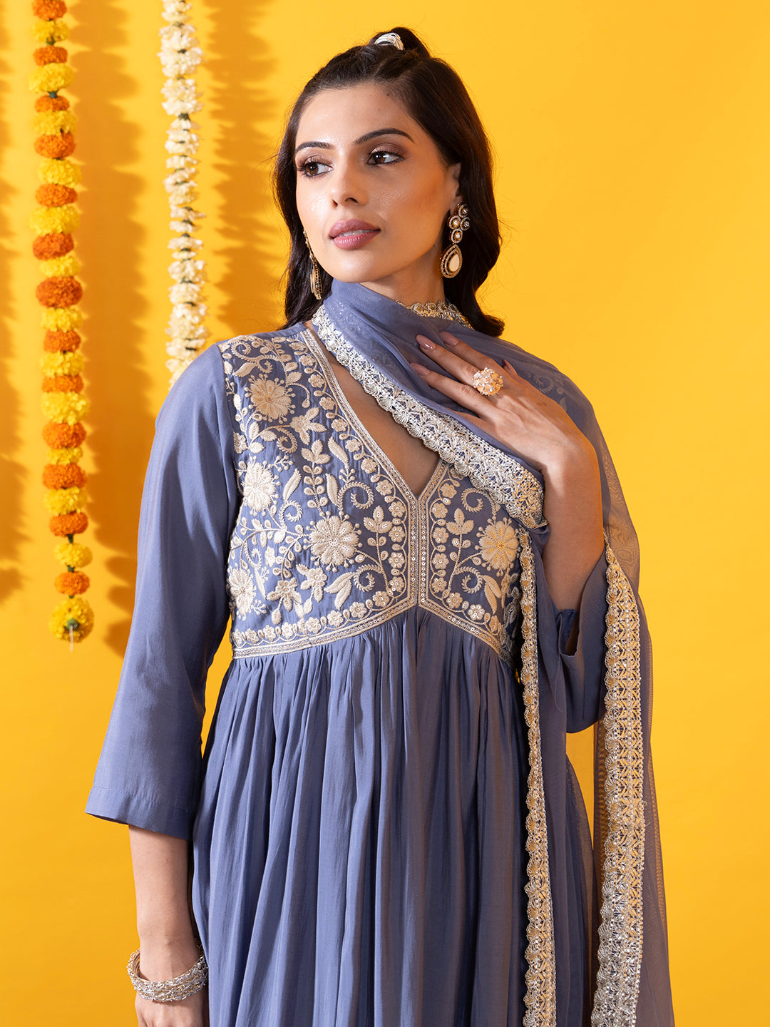 Buy Blue Comfort Fit Chanderi Silk Suit Set for Women Online - Zola