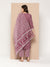 ZOLA Round Neck Cotton Batik Block Print Hand Embroidery Purple Kurta Set With Dupatta For Women