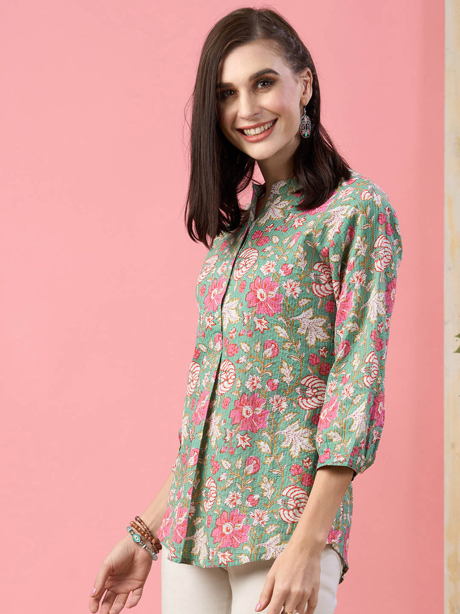 Cotton Green A-Line Tunic With Floral Print For Women