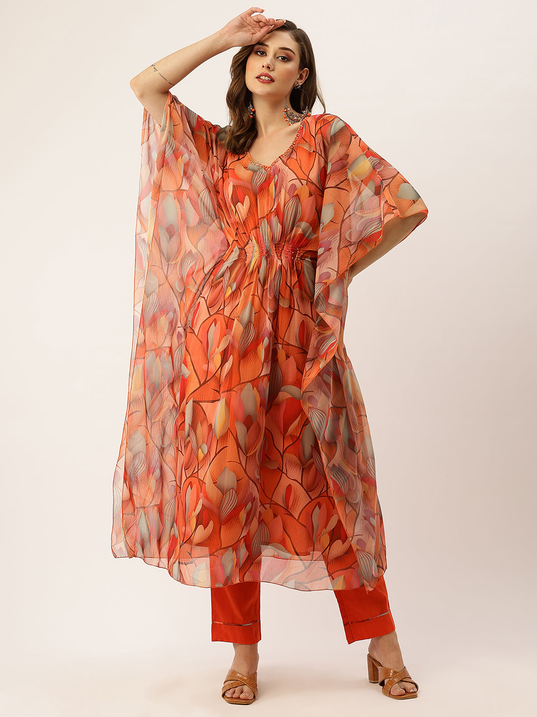 Exclusive V Neck Chiffon All Over Botanical Print Multi Loose Fit Kaftan Set For Women - ZOLA