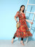ZOLA Exclusive Square Neck Georgette All Over Mix Match Print Orange Fit & Flare Dress For Women
