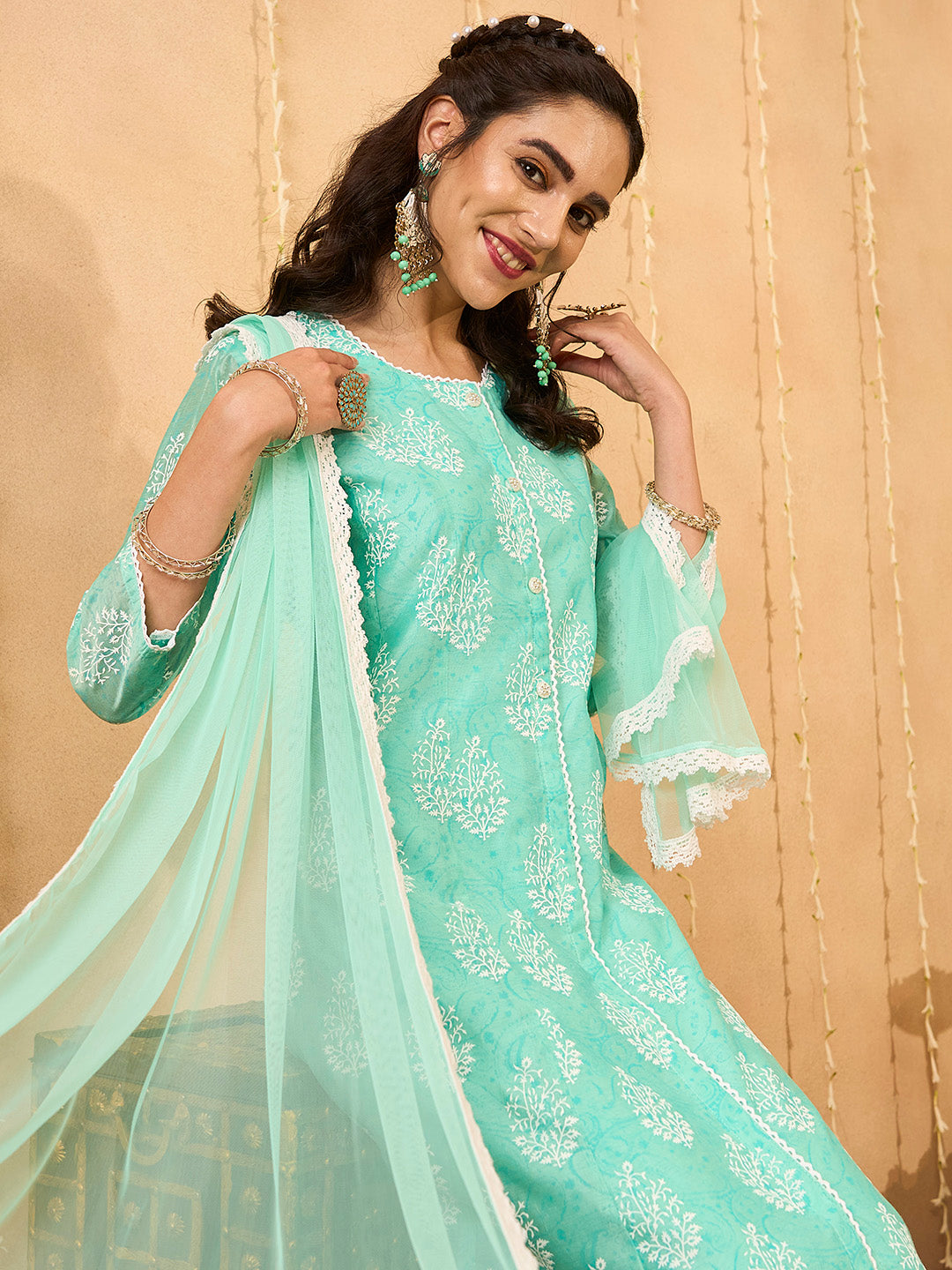 Buy Sea Green Comfort Fit Chanderi Silk Suit Set for Women Online - Zola