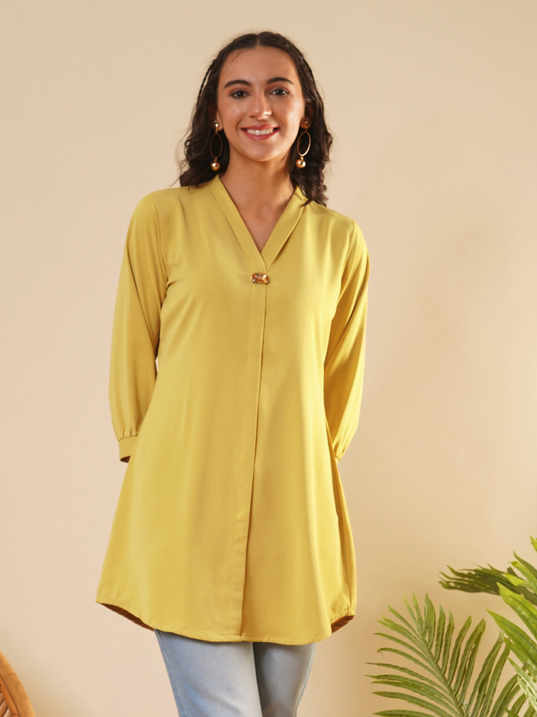 Exclusive V Neckline Rayon Solid Lime Green  Straight Tunic For Women ZOLA