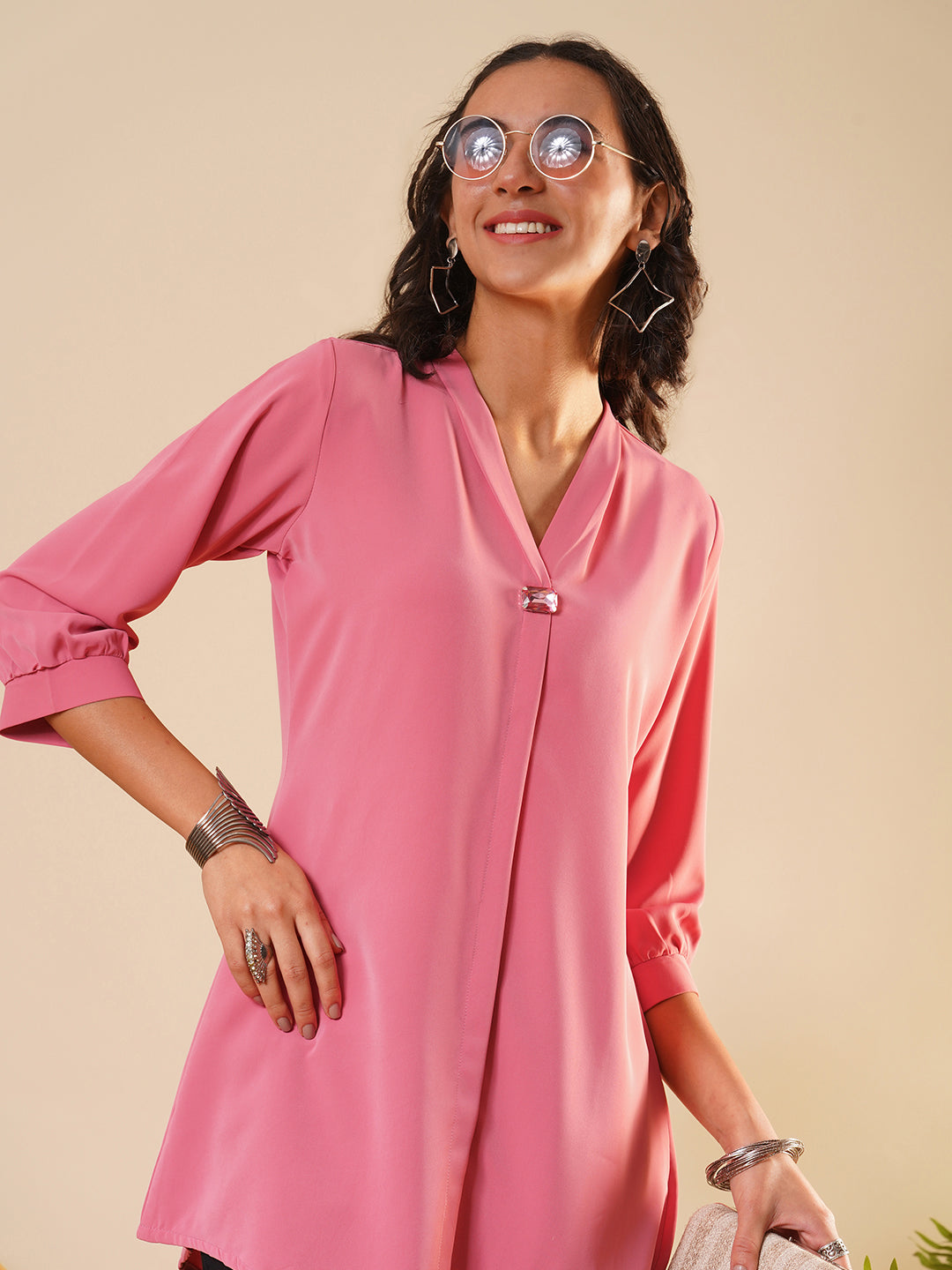 Exclusive V Neckline Rayon Solid Pink  Straight Tunic For Women ZOLA - Zola Pragati Fashions
