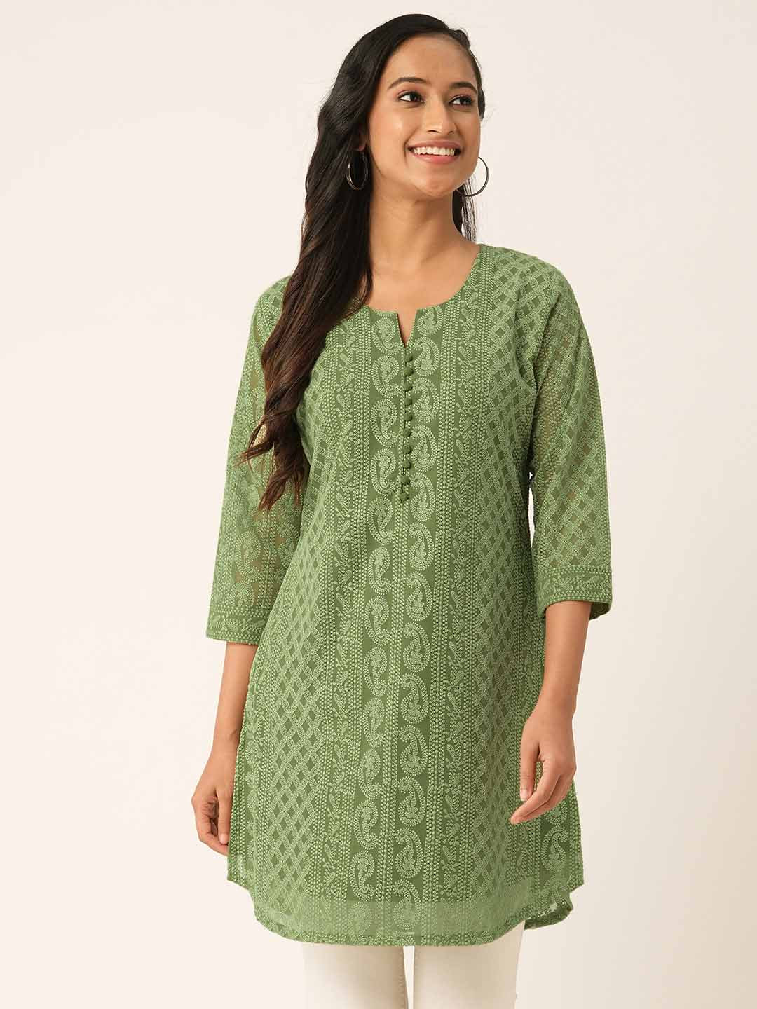 Olive Green Paisley Embroidered Georgette Lucknowi Chikankari Thigh Length Tunic For Women