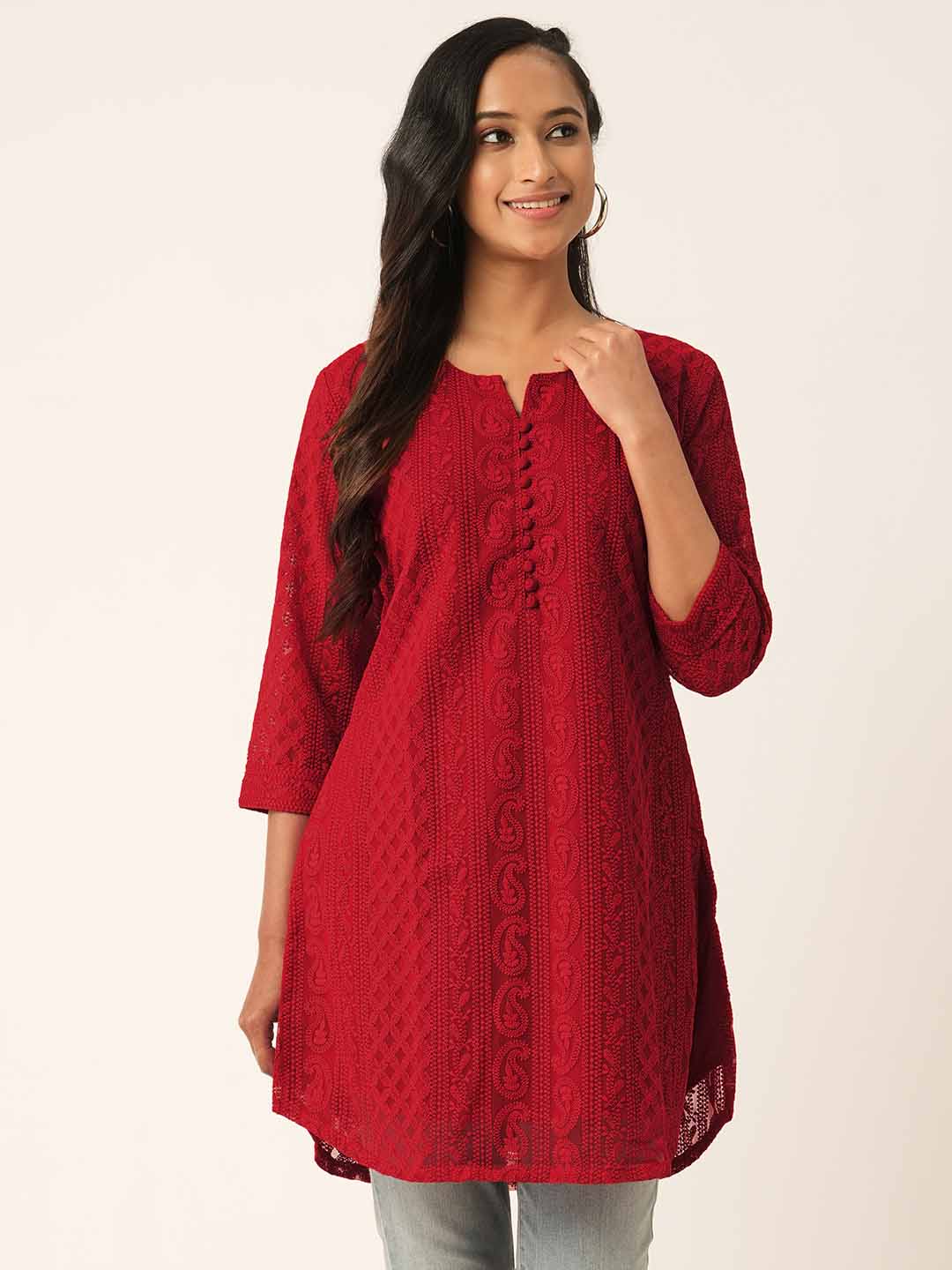 Red Paisley Embroidered Georgette Lucknowi Chikankari Thigh Length Tunic For Women