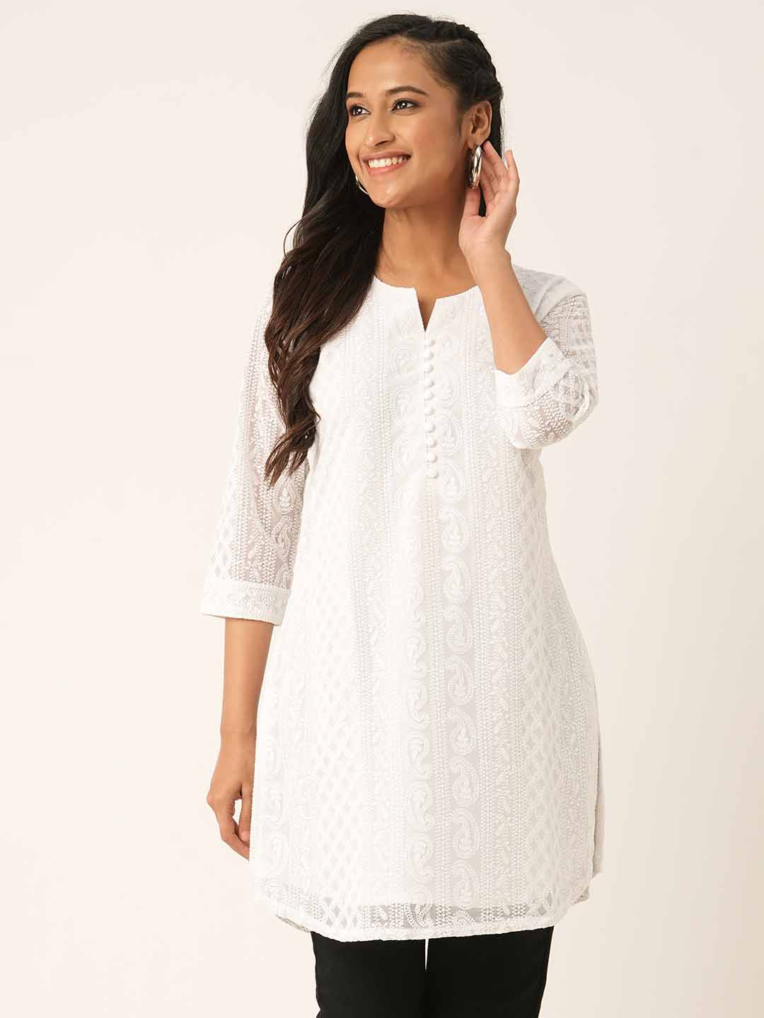 White Paisley Embroidered Georgette Lucknowi Chikankari Thigh Length Tunic For Women