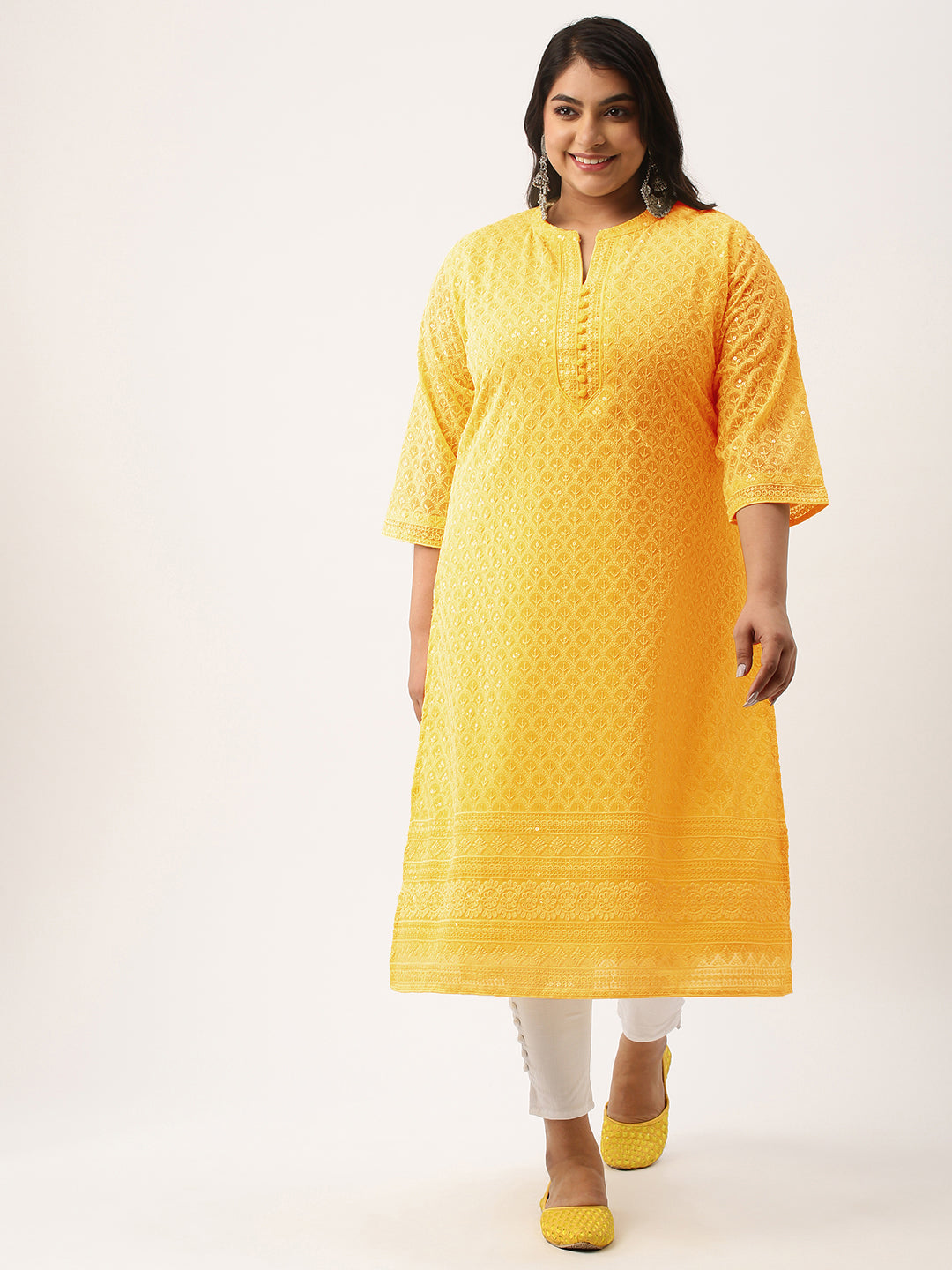 Mustard Plus Size Georgette Chikankari Kurta for Women