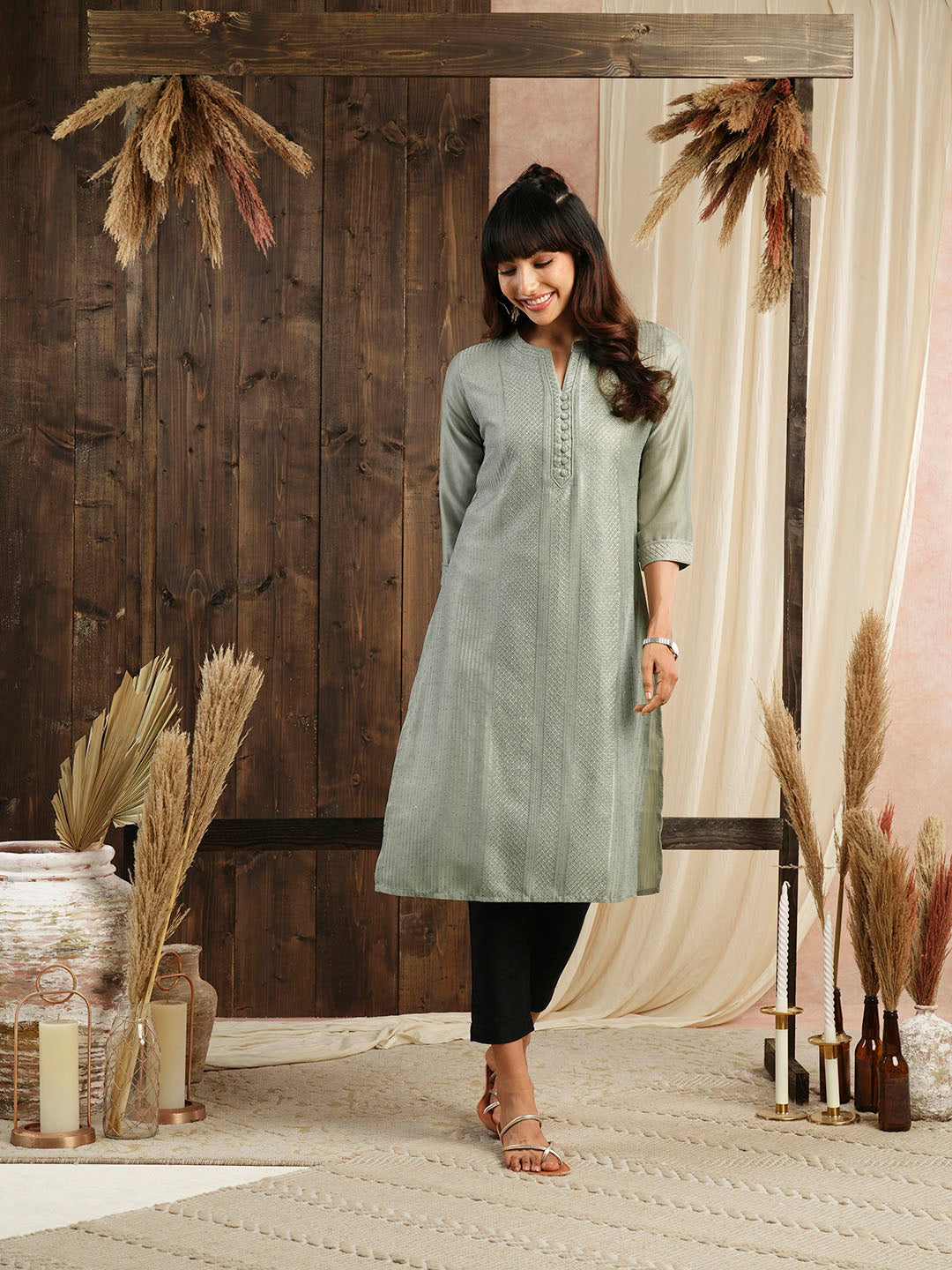 Olive chanderi silk kurta for women