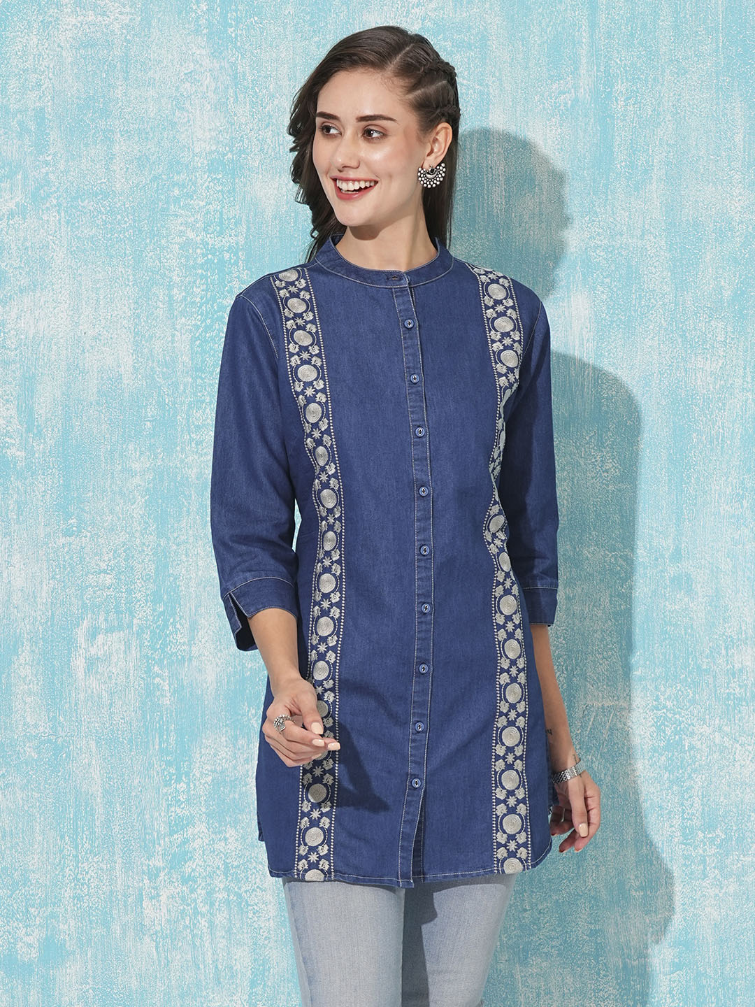 Dx Mandarin Collar Straight Denim Tunic for Women Online - Zola