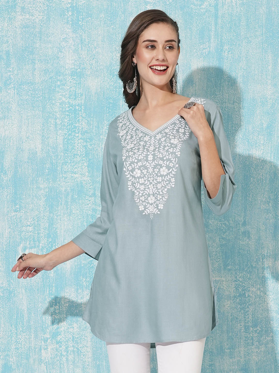 Buy V Neck Grey Comfort Fit Rayon Tunic For Women Online - Zola