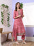 ZOLA Round neck Muslin All Over Botanical Print Hand Embroidery Pink Straight Kurta Set For Women