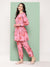 ZOLA Exclusive V Neck Muslin All Over Abstract Print Light Pink Flared Co-Ord Set For Women