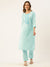 ZOLA Round Neck Cotton All Over Stripe Print With Embroidery Light Blue Straight Kurta Set For Women