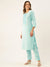 ZOLA Round Neck Cotton All Over Stripe Print With Embroidery Light Blue Straight Kurta Set For Women