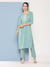Zola Round Neck Cotton Stripe Yarn Dyed Fabric With Embroidery Teal Straight Kurta Set For Women