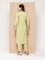 Zola Round Neck Rayon Stripe Yarn Dyed Fabric Floral Embroidery Green Straight Kurta Set For Women