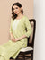 Zola Round Neck Rayon Stripe Yarn Dyed Fabric Floral Embroidery Green Straight Kurta Set For Women