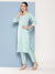 Zola Round Neck Rayon Yarn Dyed Fabric Floral Embroidery Light Blue Straight Kurta Set For Women