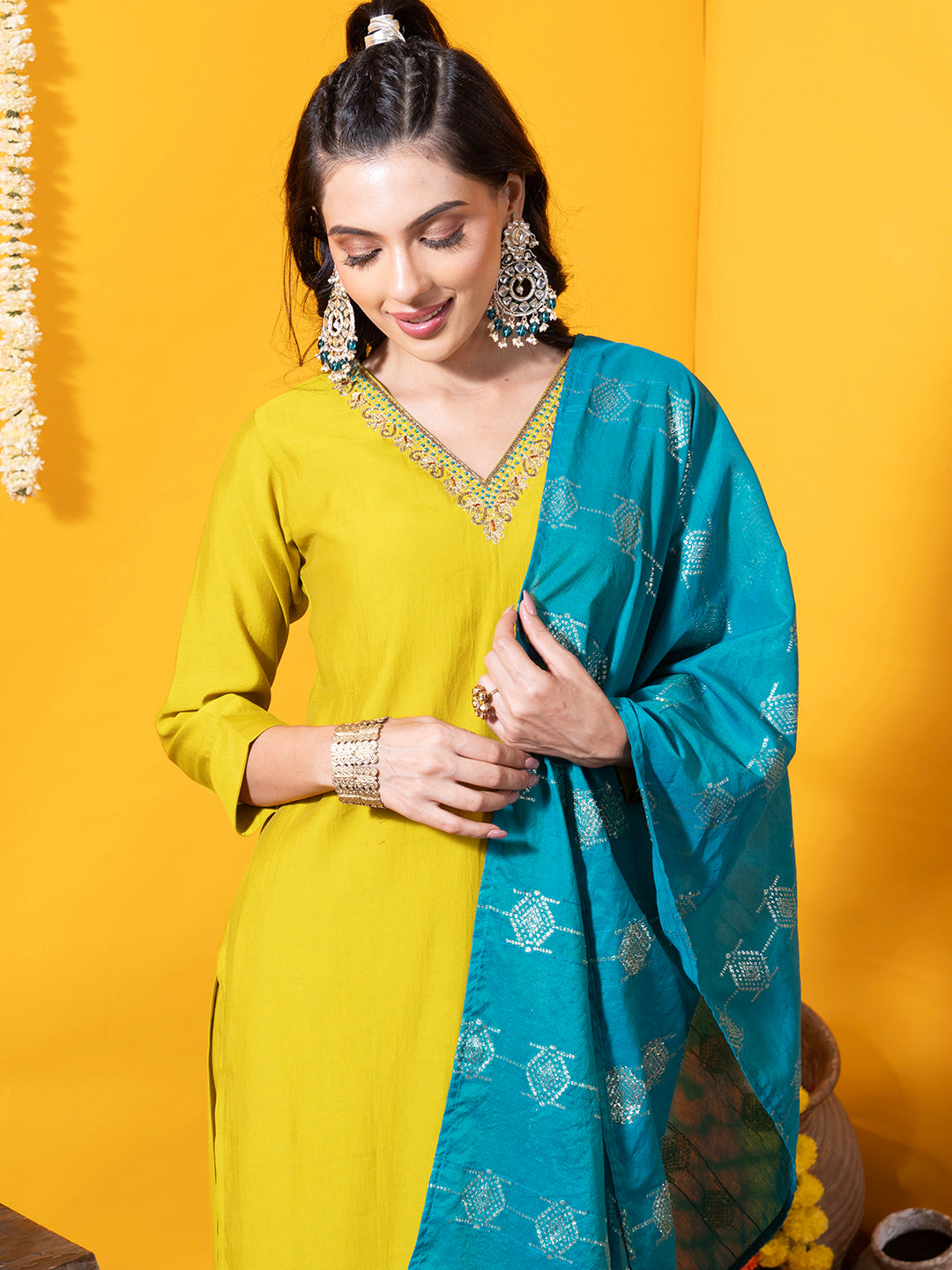 Mustard  Silk Suit Set with Contrast Dupatta - Zola