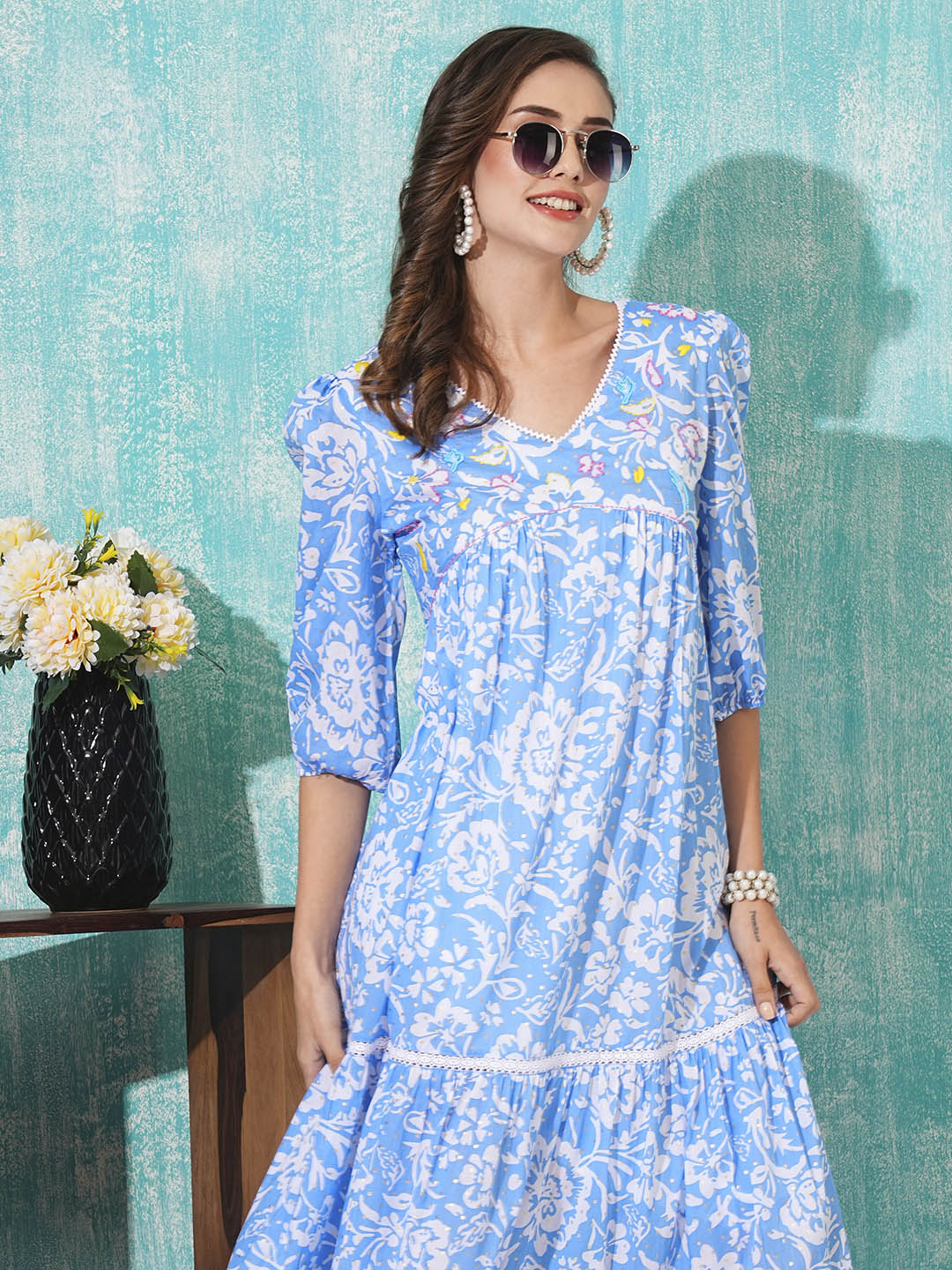 Flared Cotton Blue Dresses For Women