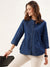 ZOLA Mandarin Collar Solid Print 3/4th Sleeves Dx Blue Color Straight Denim Top For Women