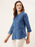 ZOLA Mandarin Collar Solid Print 3/4th Sleeves Stone Blue Color Straight Denim Top For Women